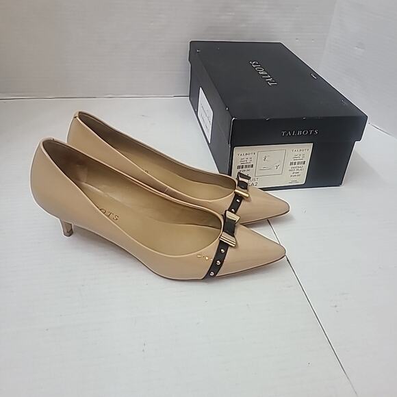 Talbots Kitten Heel Pointed Toe Pumps Gold Bow Palamino W Black Sz. 6.5 Clean - Picture 1 of 11